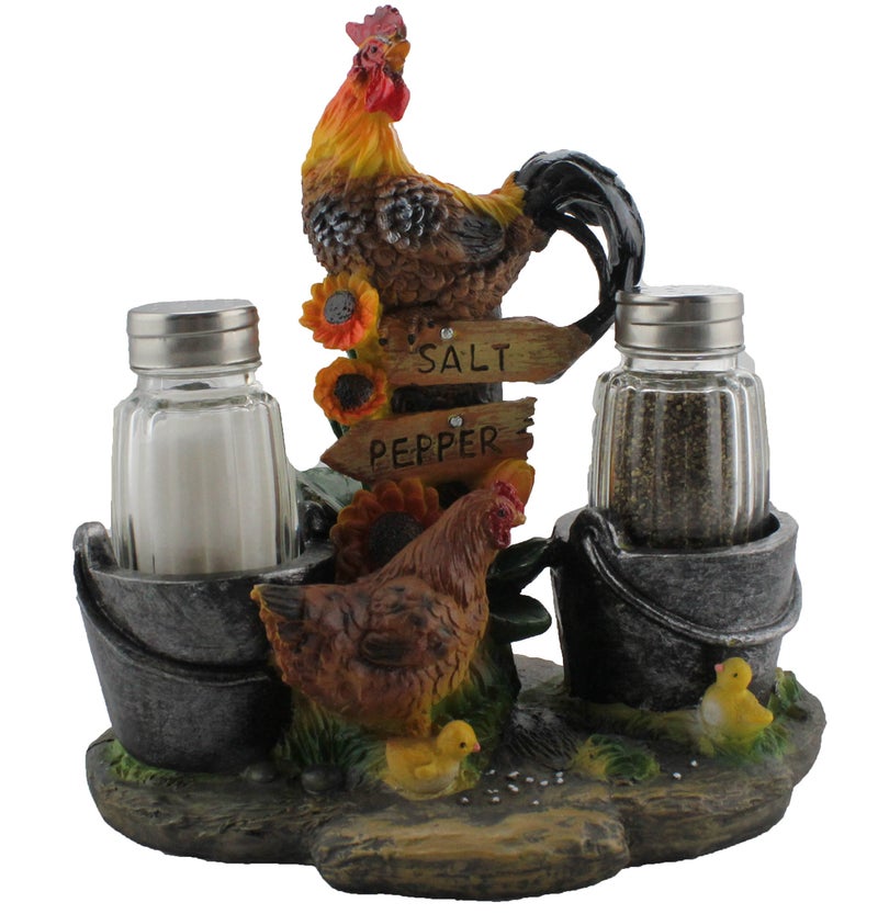 DWK Country Farm Rooster Tabletop Salt and Pepper Set | Decorative Farmer Gifts and Decor | Rooster Hen and Chicks Sculptures and Statues - Image 1